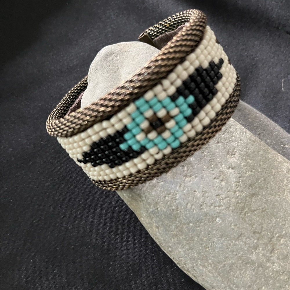 Handcrafted Beaded Bracelet - Black, White, and Turquoise